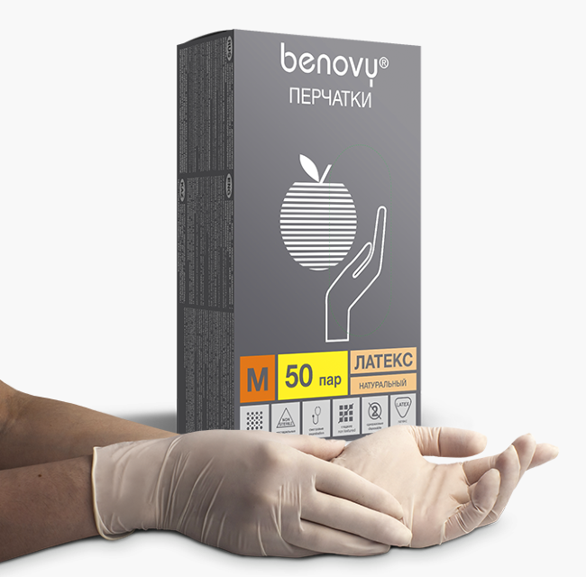 BENOVY Latex Powdered, перчатки латексные, гладкие, опудренные, белые, 50 пар в упаковке BENOVY Latex Powdered, перчатки латексные, гладкие, опудренные, белые, 50 пар в упаковке