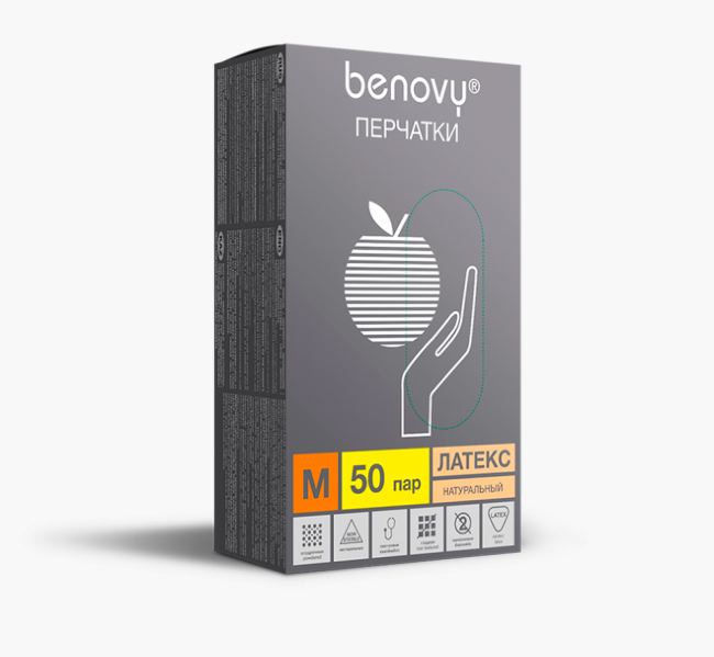 BENOVY Latex Powdered, перчатки латексные, гладкие, опудренные, белые, 50 пар в упаковке BENOVY Latex Powdered, перчатки латексные, гладкие, опудренные, белые, 50 пар в упаковке